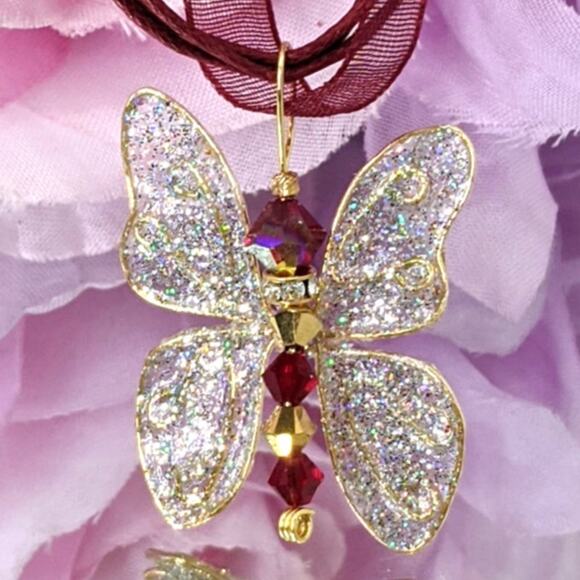 Whimsical Butterfly Pendant Artisan Made Swarovski Red Gold Crystal Necklace New - Picture 5 of 8
